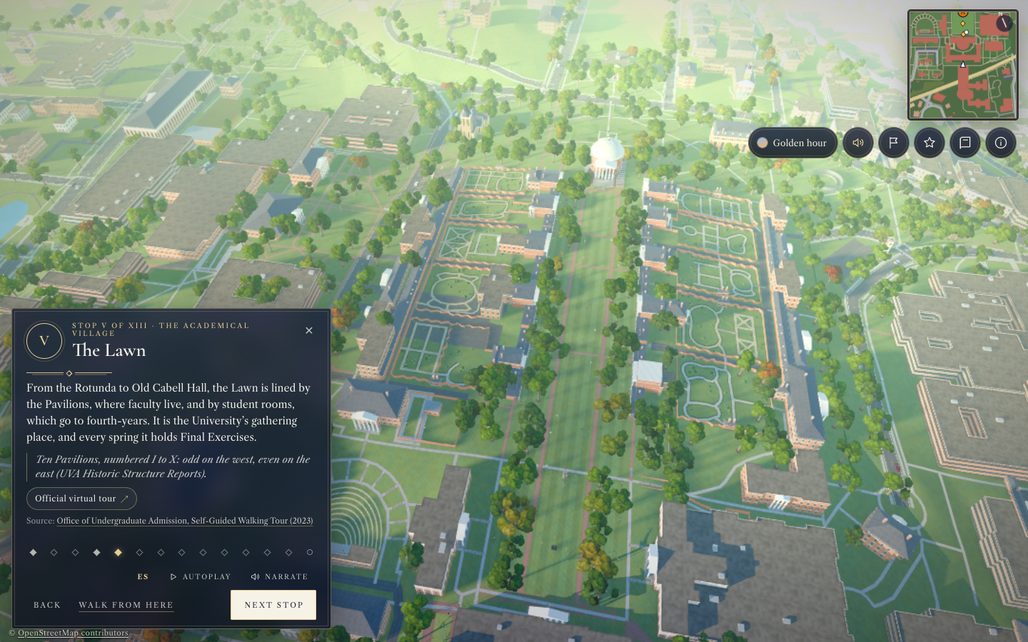 An actual Quad aerial view of UVA's Lawn, detailed campus architecture and an interactive tour story
