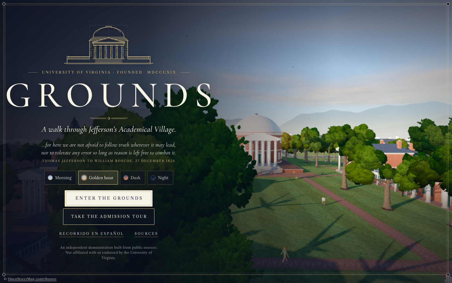 The original UVA campus world, with the Rotunda and Lawn