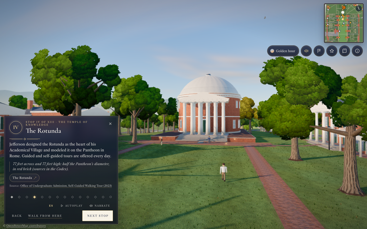 The actual Quad University of Virginia world, with the Rotunda, landscaped Grounds and a student exploring the campus
