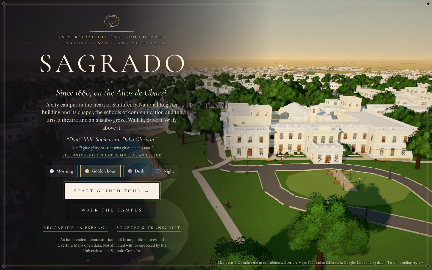 The garden front of the Edificio Sagrado Corazón, the National Register building of the Universidad del Sagrado Corazón in Santurce, with its drive and lawn